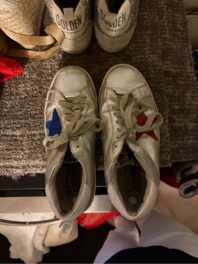 Golden Goose White Sneakers with Blue and Red Star Accents